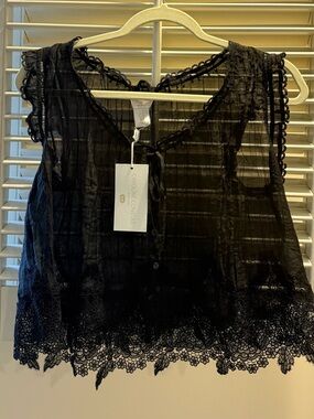 Caroline Constas Black Sheer Lace-Trim Cropped Blouse